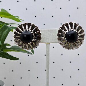 Sarah Coventry Black Silver Tone Set of Clip on‎ Earrings 60s Round 1" Vtg Metal